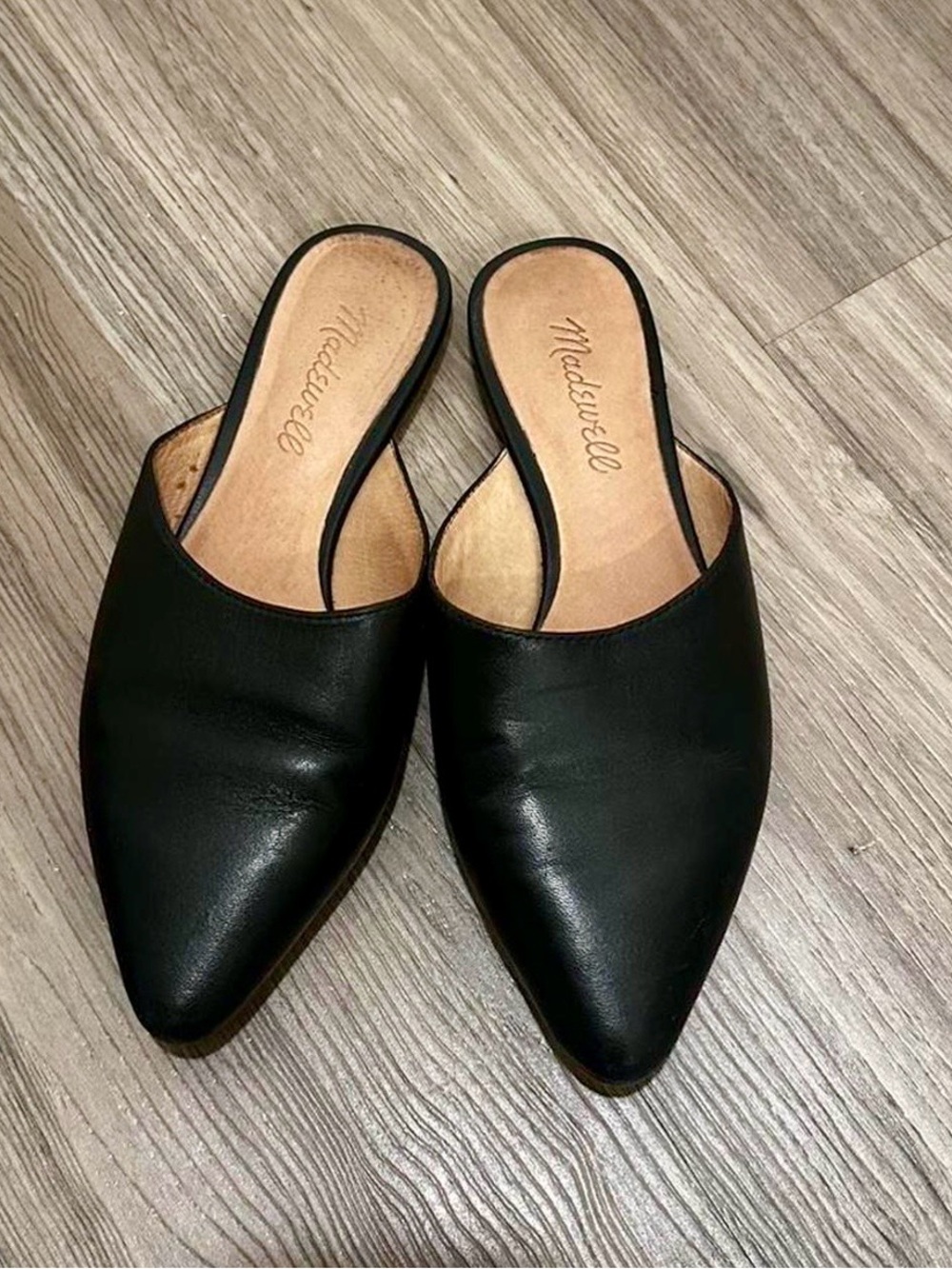Madewell Black Almond-Toed Leather Slip-On Mules
